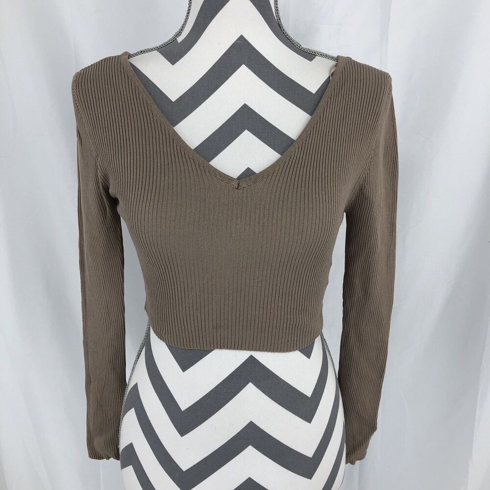 Love Tree Beige Long Sleeve Double V Ribbed Crop Top Medium